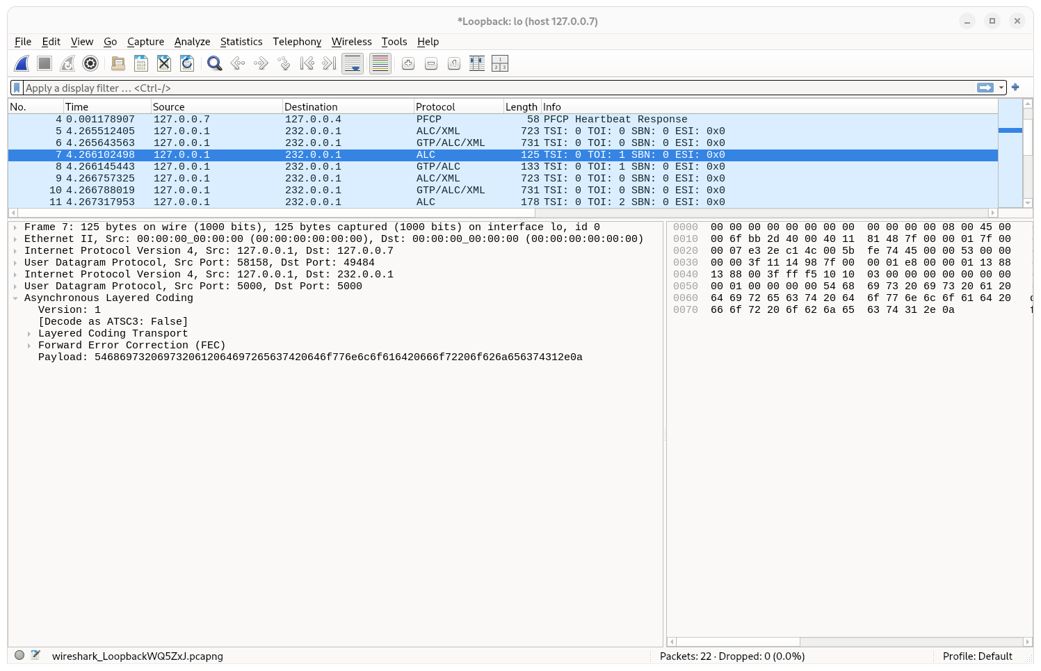 Wireshark capture showing the FDT (TOI 0) packet for the first object from the PULL SINGLE Distribution Session