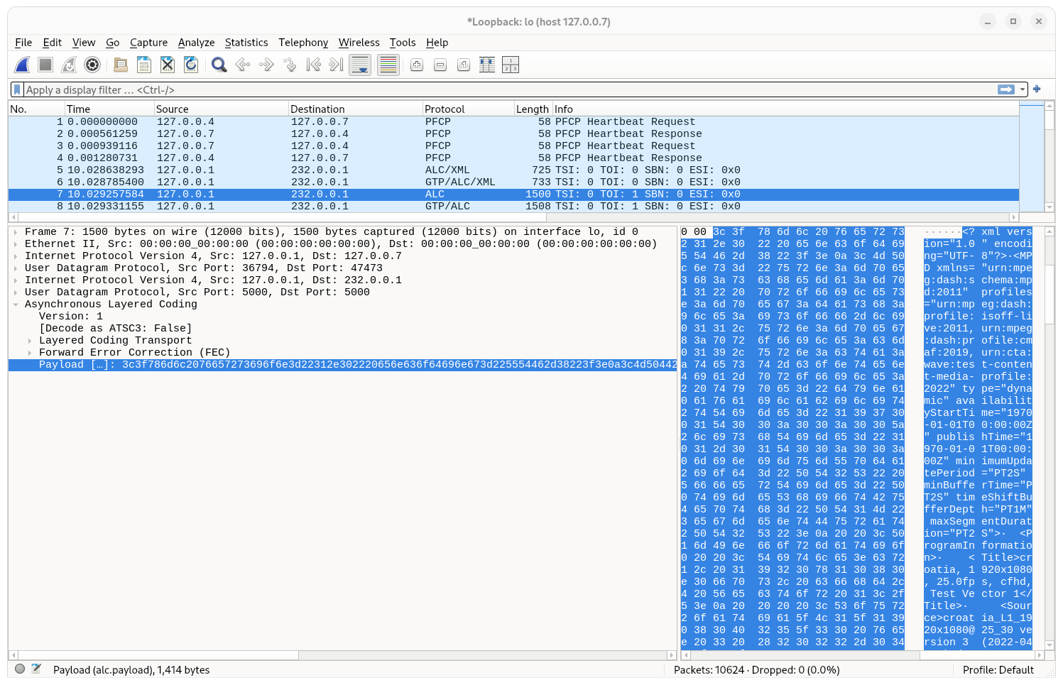 Wireshark screenshot showing the MPD file contents sent as part of a PULL STREAMING Distribution Session